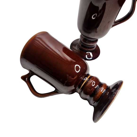 Two Irish Coffee Mugs Footed Pedestal Base Hall Mugs Ceramic USA Brown - Picture 3 of 7